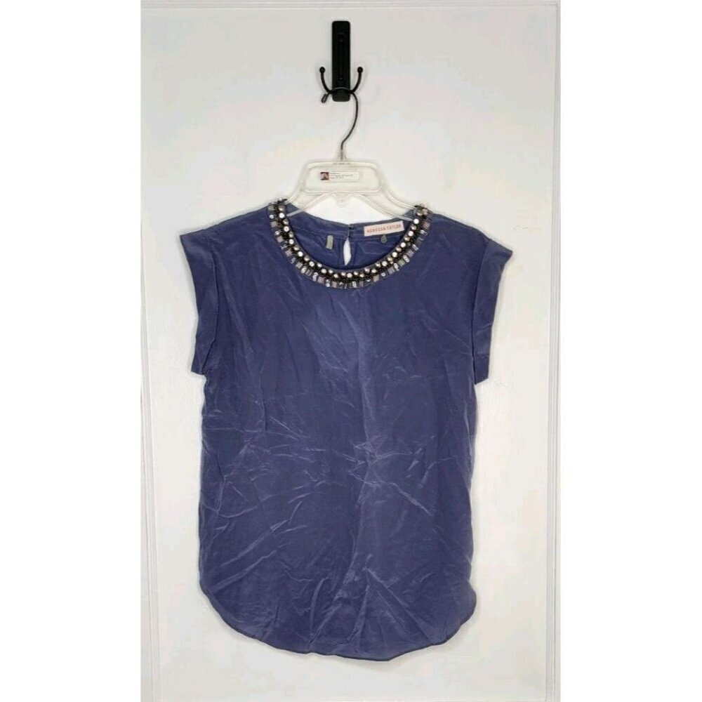 Rebecca Taylor 100% Silk Twilight Blue Embellished Beaded Rhinestone Top Size 0